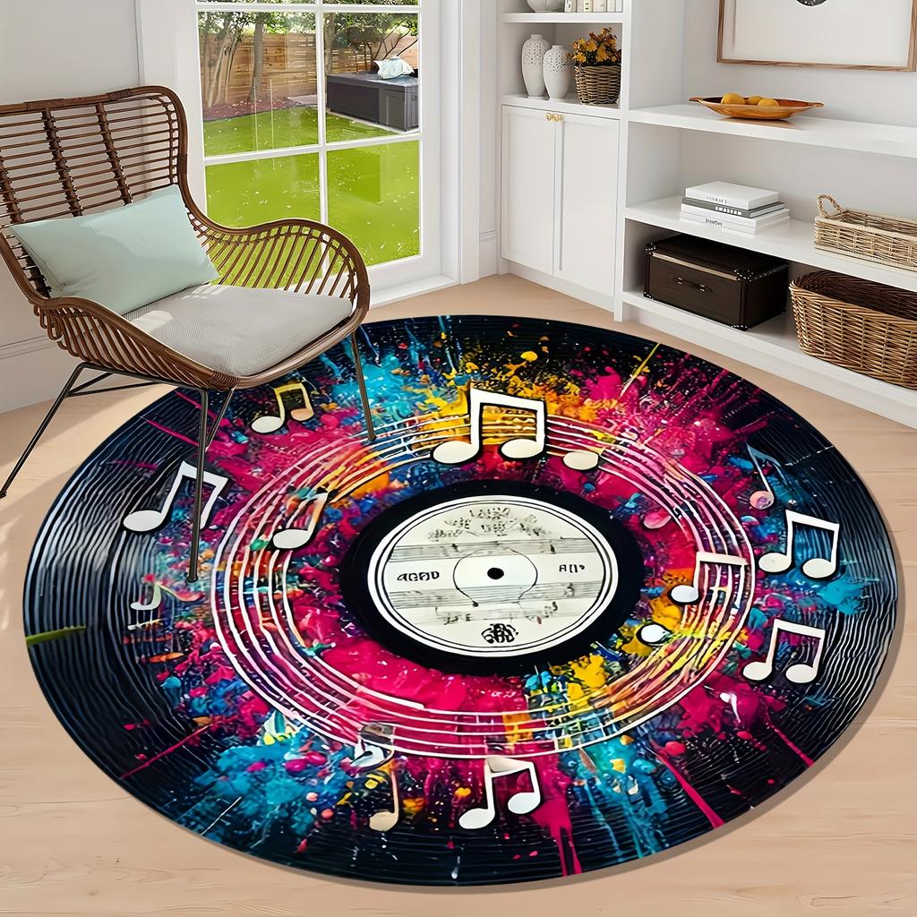 Colorful Splash Vinyl Record Musical Note Round Rug, Graffiti Music Staff Floor Mat for Music Studio Living Room Sofa Side Bar