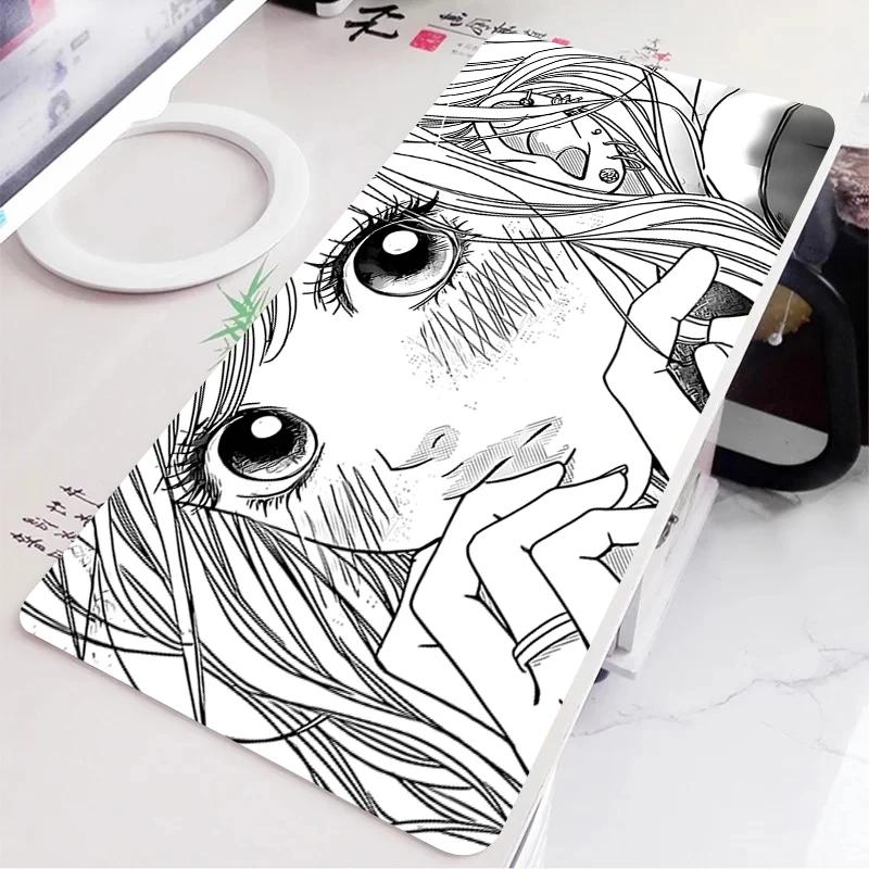 Black and White Anime Girl Table Mat Large Mouse Pad Office Keyboard Edge Locking Desk Mat Gaming Accessories Nonslip Mousepad