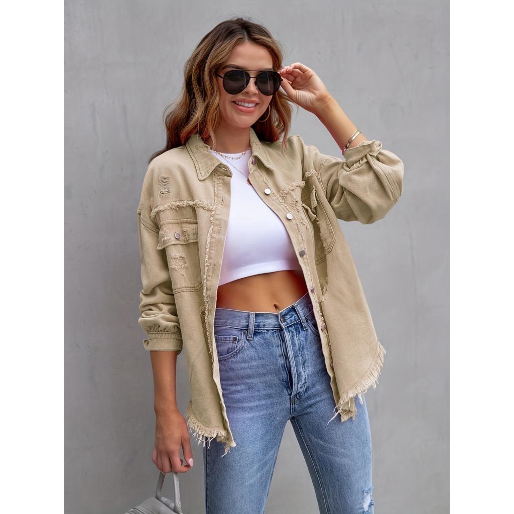 Women's Point Collar Long Sleeve Distressed Denim Jacket Loose Fit Raw Fringe Button Down Shirt