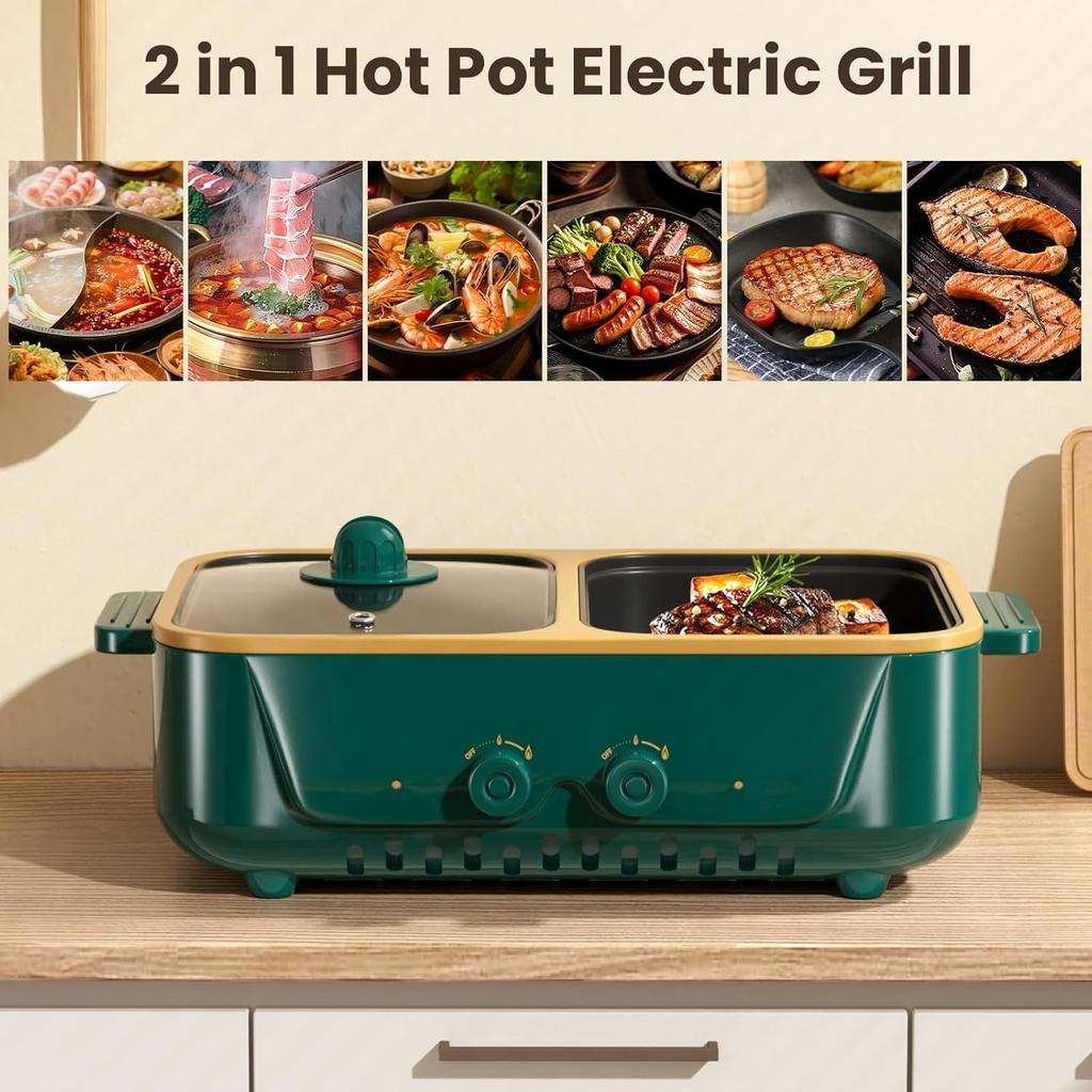 Electric Hot Pot and Grill Combo,Dual Temper Control,Fast Heating - Indoor Cooking Appliance for BBQ,Steaks,Noodles&More-Suitable for Up to 3 People