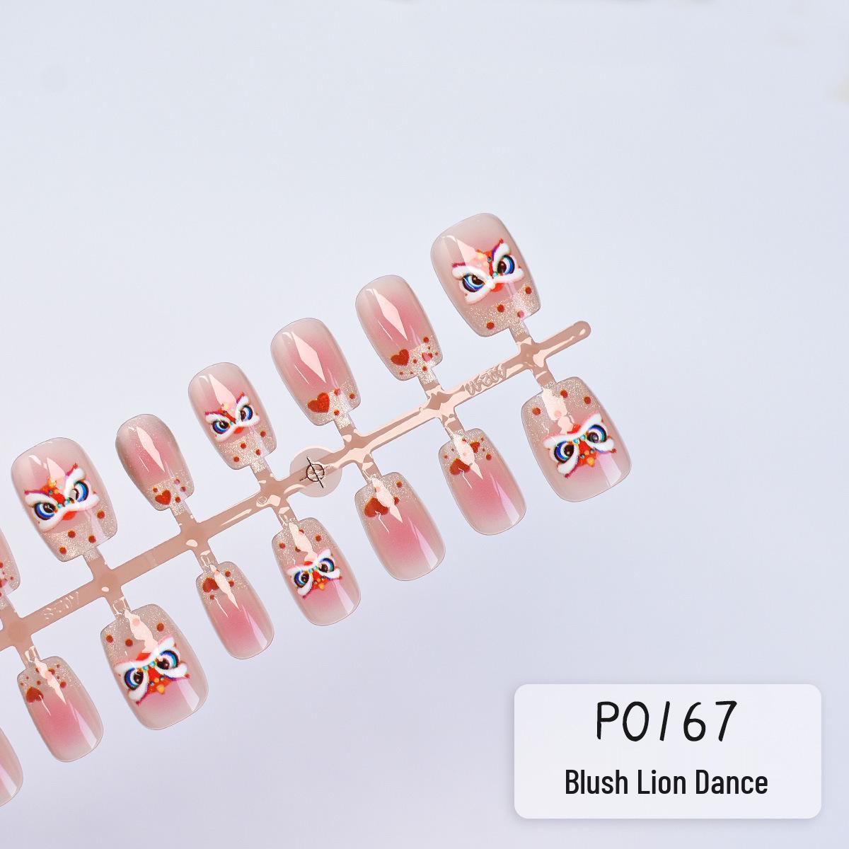 

P0167# Cute New Year Lion Dance & Fireworks Pink Cat Eye French Nail Tips - 30 Pieces