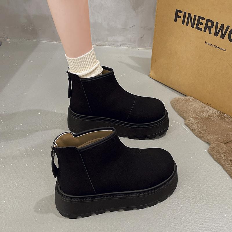 Women's Slope Heel Cotton Boots Winter New Round Head Suede Back Zipper Thick Sole Non-slip Short Snow Boots