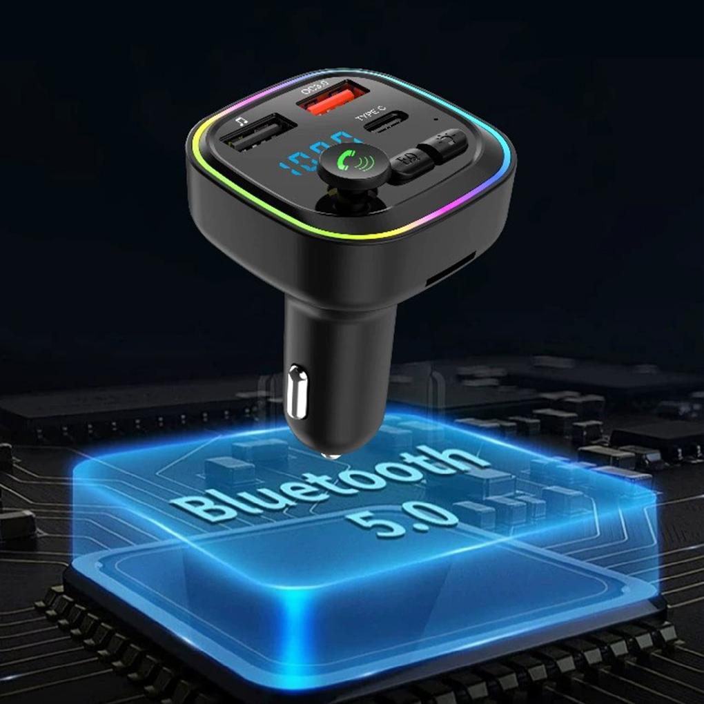 Car Bluetooth 5.0 FM Transmitter Handsfree Car Kit With PD Type-C Dual USB Fast Charger Ambient Light Cigarette Lighter
