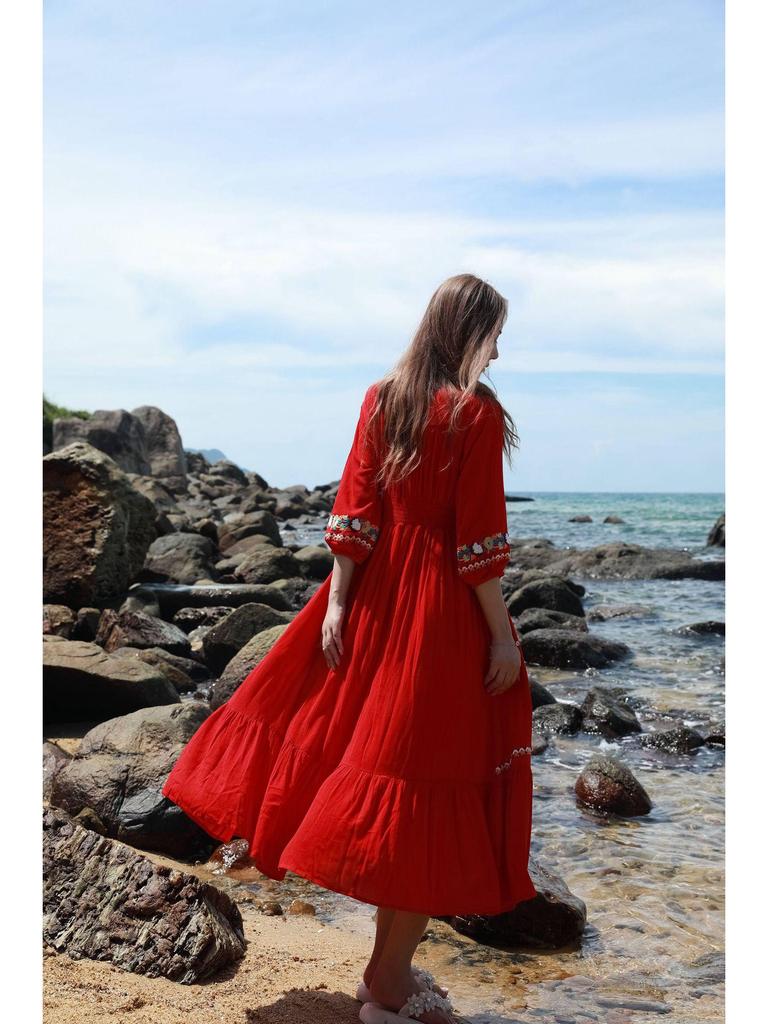 Women's White Embroidered Ethnic Summer Beach Dress with Big Swing Skirt