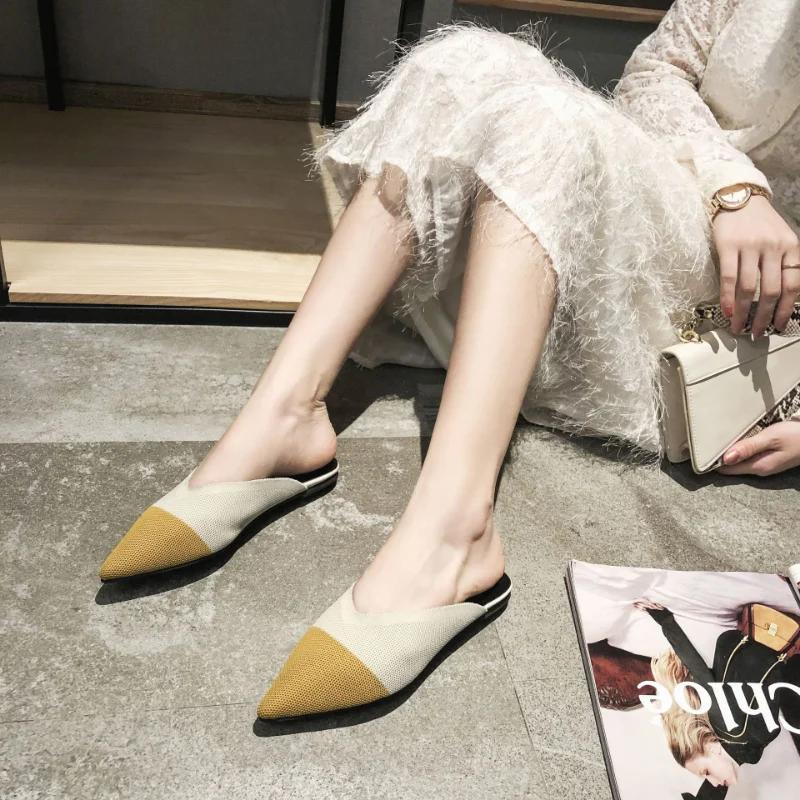 Women Mules 2025 Summer Knitting Pointed Women Half Slides Mules Loafers Casual Slipper Female Shoes Flat Sandals Size 35-43