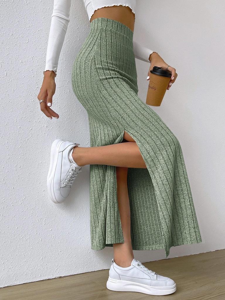 2024 Women's Simple Ribbed A-line High-waisted Slit Long Dress for Autumn/Winter
