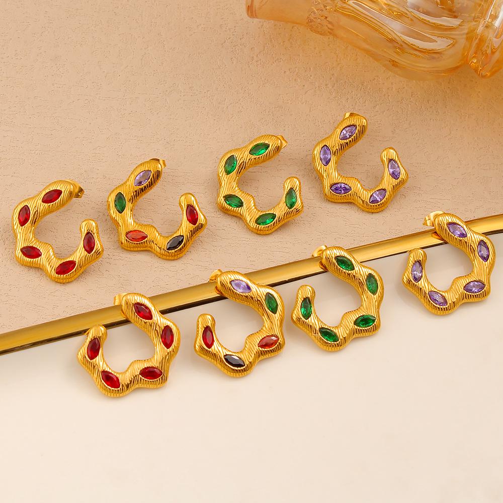 Vintage Multi-color Zirconia Ear Cuffs, 18K Gold Titanium Steel, Elegant Earrings