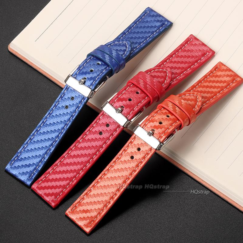 Leather Bracelet Carbonfiber Grain Watchband 18mm 20mm Red Orange Blue Brown Stitching Watch Band 22 24mm Watch Strap for Seiko