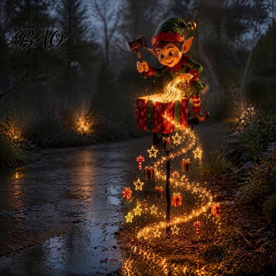 Decorative Light Stakes Solar Christmas Garden Stake Light, Cute Gingerbread House/Elf Boy/Bear Outdoor Waterproof Pathway Lighting for Yards