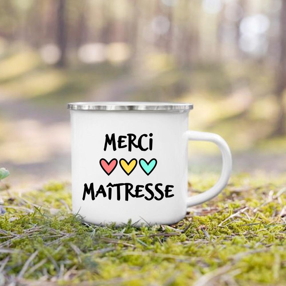 Merci Maitresse French Print Enamel Mug Drinks Dessert Milk Cup Creative Coffee Cups Vintage Handle Drinkware Gift for Teacher