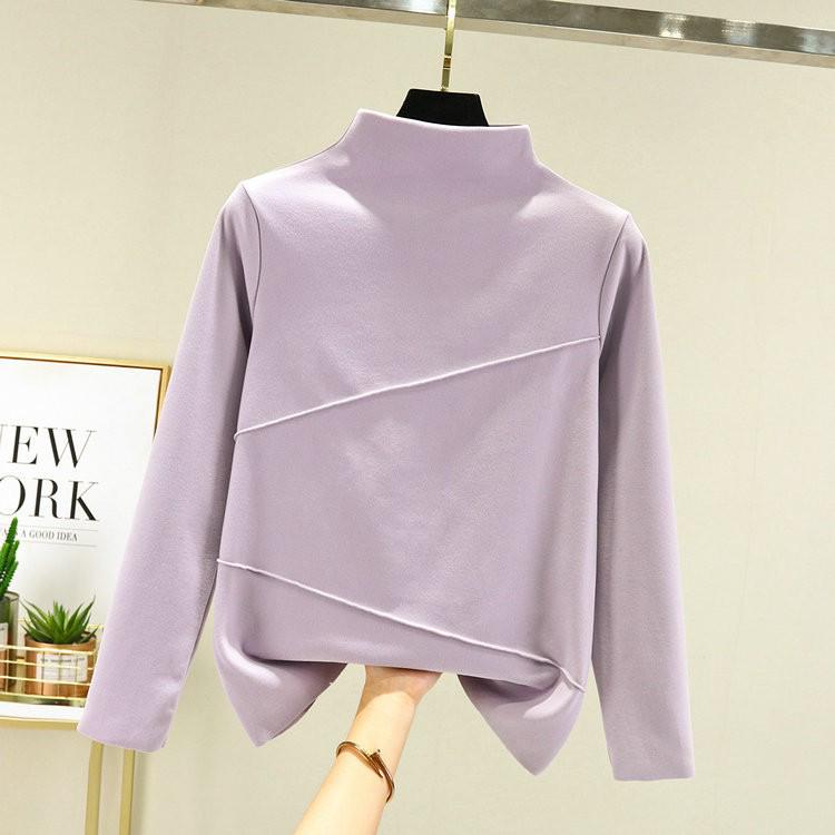 Women's Double-Sided Fleece Semi-High Neck Long-Sleeve Korean-Style Autumn/Winter T-Shirt with Double-Stripe Design