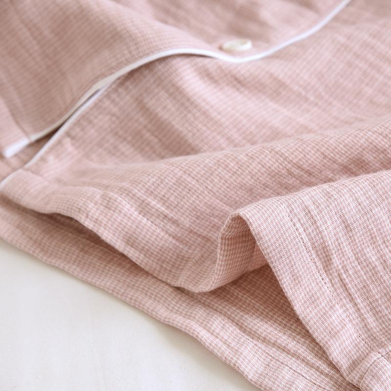 2026 New Couple Spring and Autumn Pajama Set 100% Cotton Gauze Jacquard Women's Long Sleeve Checkered Two Piece Set