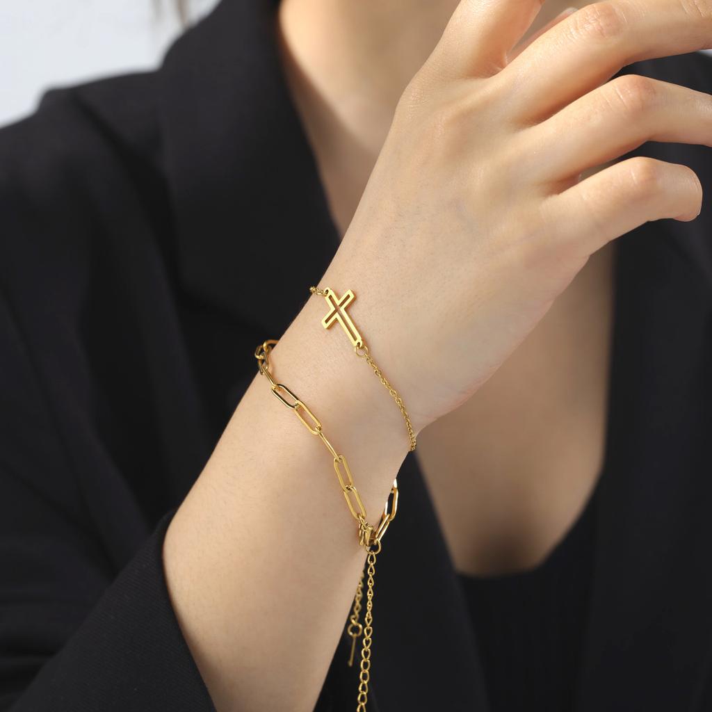 Double Layer Cross Pendant Bracelet For Stacking With Hollow Two-Hole Cross Chain Welded Necklace Jewelry