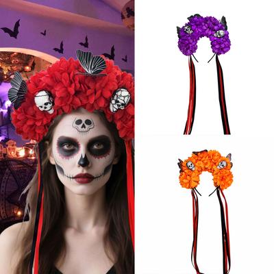Halloweenowa Opaska z Czaszką i Kwiatami z Plastikowymi Kwiatami Dodatki Kostiumowe na Imprezy Kostiumowe i Straszne Wydarzenia