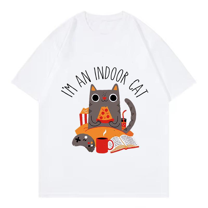 I Am An Indoor Cat Book Design T Shirts Unisex Women Cat T-shirt Round Neck Short Sleeve Trendy Tee Shirt Streetwear Tops