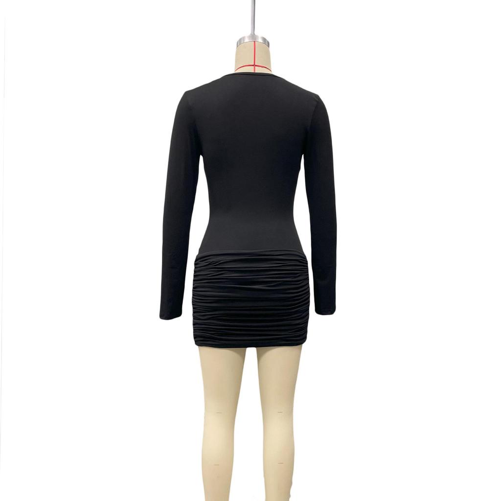 2025 Herbst V-Ausschnitt Langarm Einfarbig Slim Gerüschtes Kleid