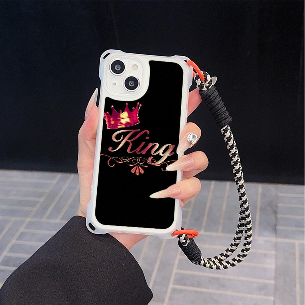 Ae84 King Queen Couple Art Soft Phone Cases for iPhone 16 15 14 13 12 11 Pro Max 8 7 Plus XR XS with Wrist Strap Lanyard Corner Protection Back Cover