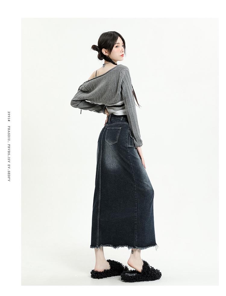 2023 Frühling Damen Retro Denim Ausgefranst Hohe Taille A-Linie Midi-Rock