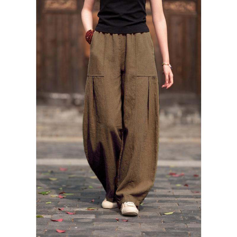 Women Elastic Waist Linen Harem Pants Pleated Pocket Loose Wide Leg Balloon Trousers Boho Casual Summer Long Pants