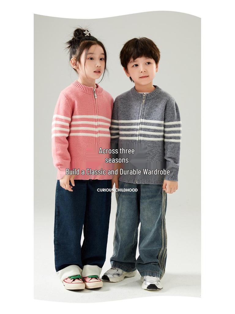 Kids' Wool Zip Cardigan: High-Collar Knit Sweater for Boys & Girls - Korean Casual Cashmere Trend.
