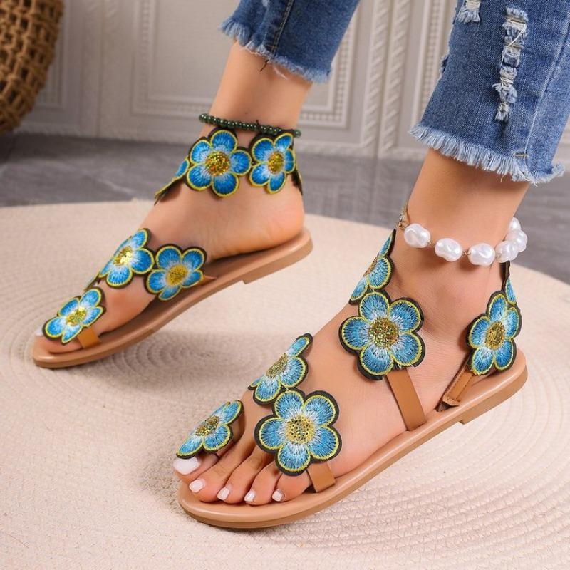 Sandals Women's Flat-bottomed Flower Women's Shoes Summer New Toe Color Beach Shoes