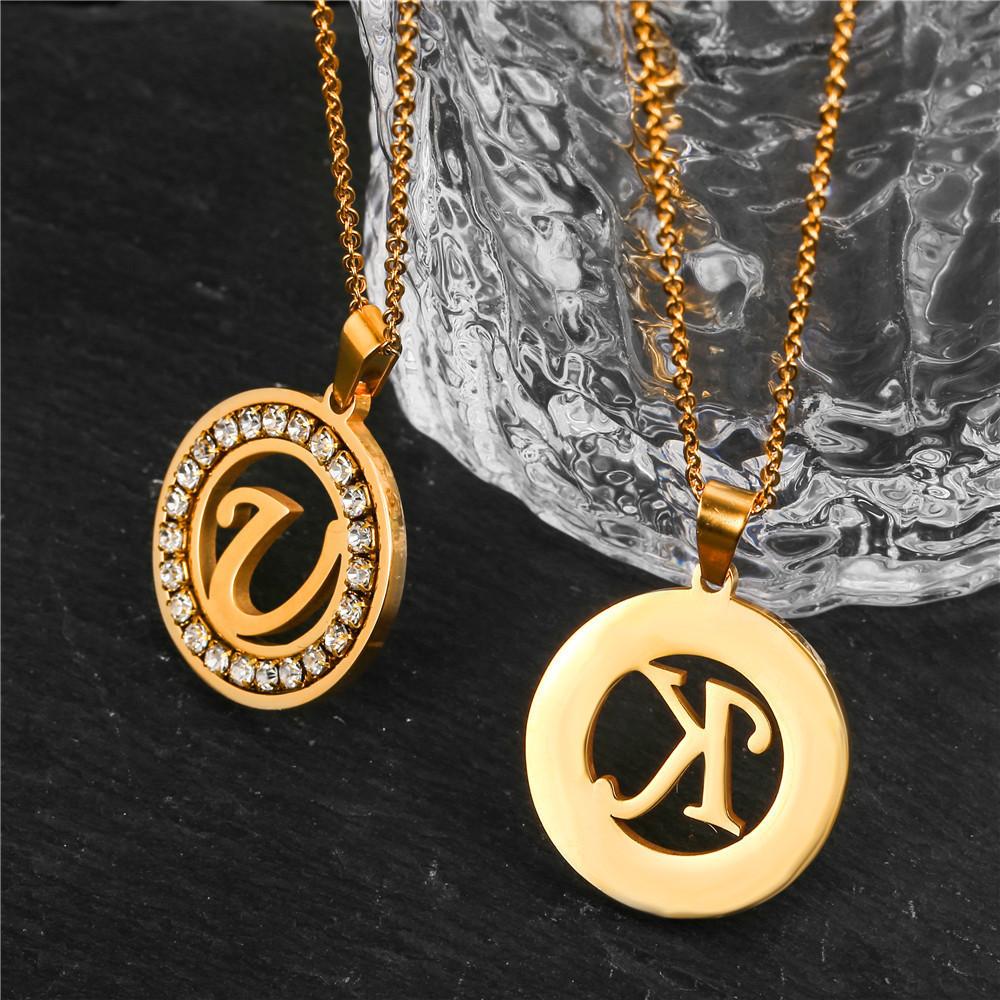 New Fashion Initial Letter Name Pendant Female Gold Color Stainless Steel A-Z Alphabet Round Necklace for Women Jewelry Gift