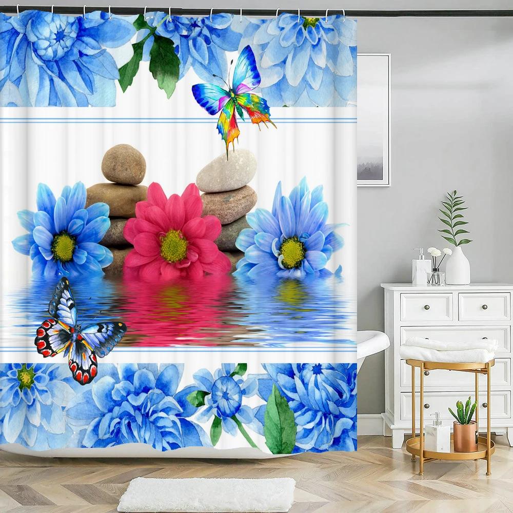 3D Butterfly Flower Printing Bathroom Curtain Polyester Waterproof with Hooks Home Decoration Shower Curtain Bathroom Screen