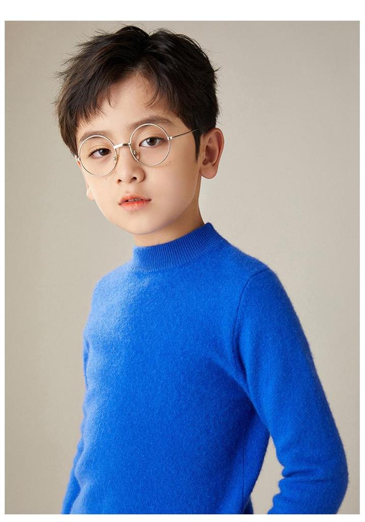 Pure Wool Sweater for Kids: Half-High Collar, Autumn/Winter Warm Knit, Unisex, Plain Color, Medium/Older Children