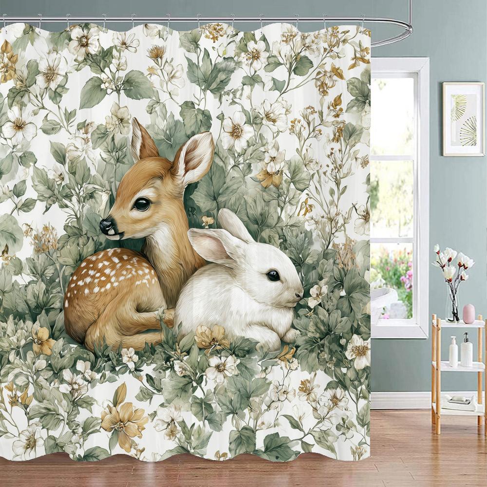 

Cartoon Animal Dog, Rabbits And Flowers And Plants Shower Curtain, Bathroom Decorative Shower Curtain, Home Curtain With Hooks W60H190(CM)-1 Pcs