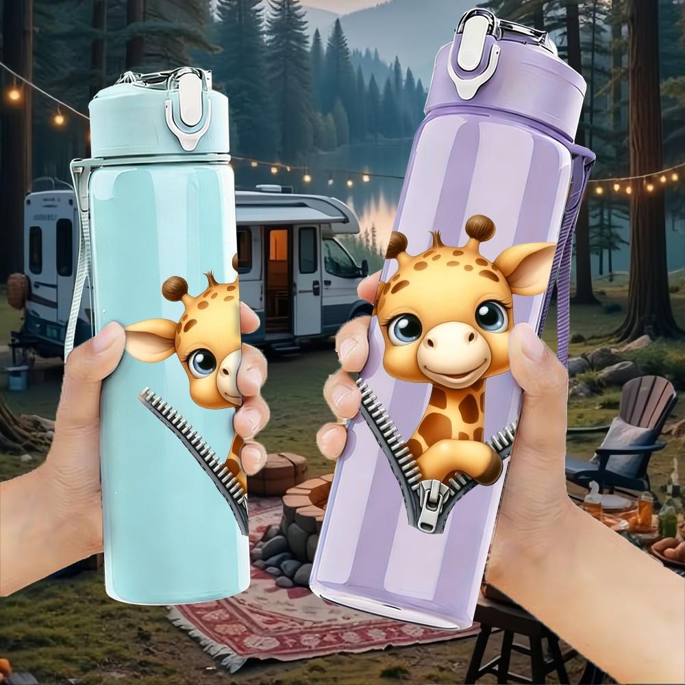 1PC Cute Deer Zipper Surprise Cartoon Portrait 750ml Color Plastic Sports Water Bottle Leakproof Flip Straw Lid Suitable for Sports Office Home Use