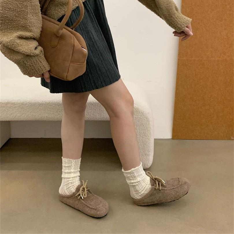 Retro Late Evening Wind Velcro Gray Felt Bag Head Half Slippers Women Wear Autumn and Winter Pedal Platform Shoes