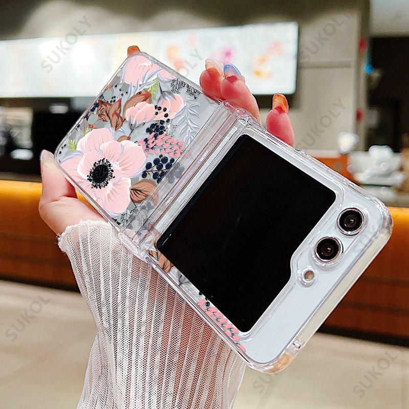 Flower Pattern Clear Case For Samsung Galaxy Z Flip 7 FE 6 5 4 3 Transparent Hard Folding Cover For Samsung Z Flip5 Flip4 Flip6