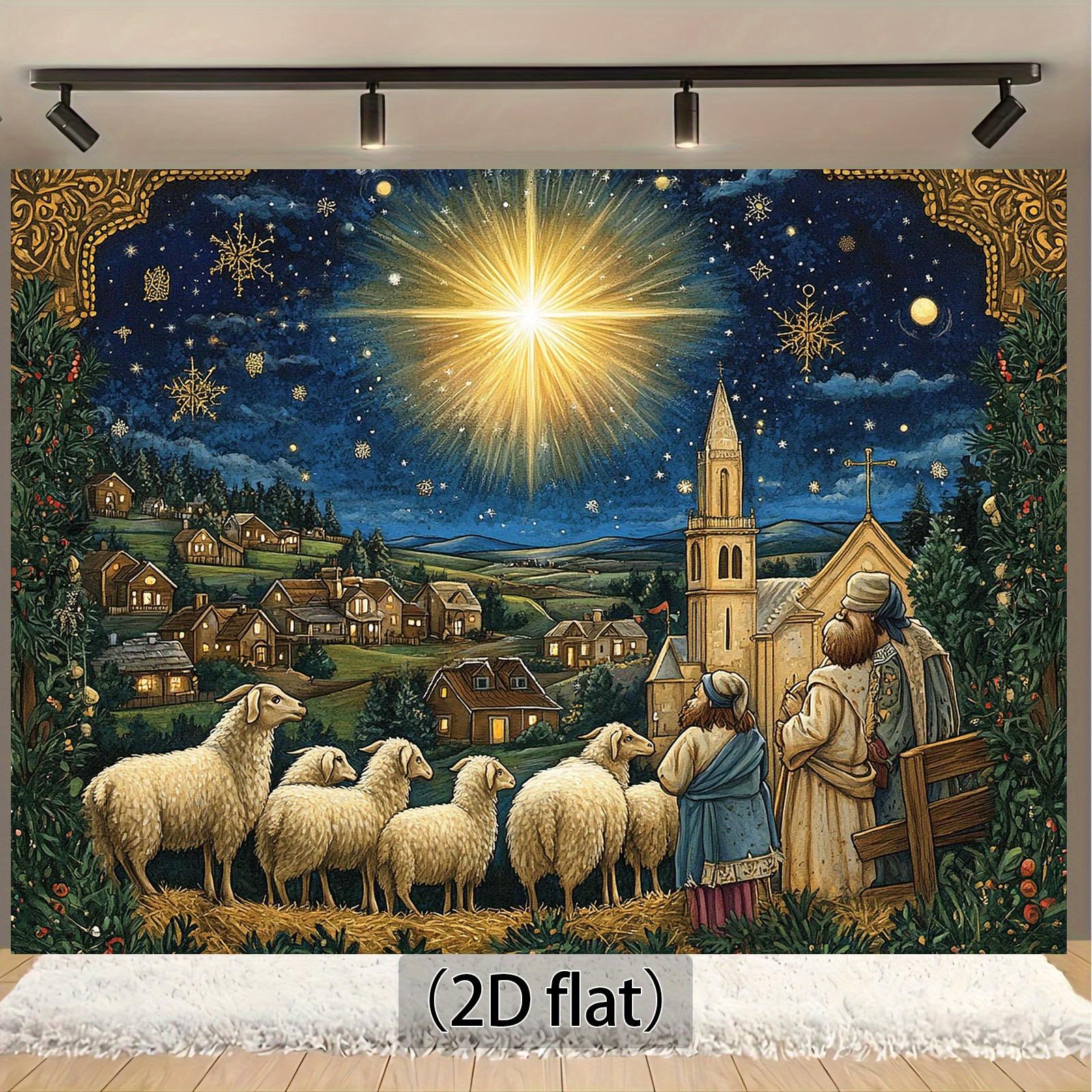 Christmas Scene 1pc Christmas Banner Background - Bethlehem Village Shepherd, sheep, starry sky and church design, family 100x150cm