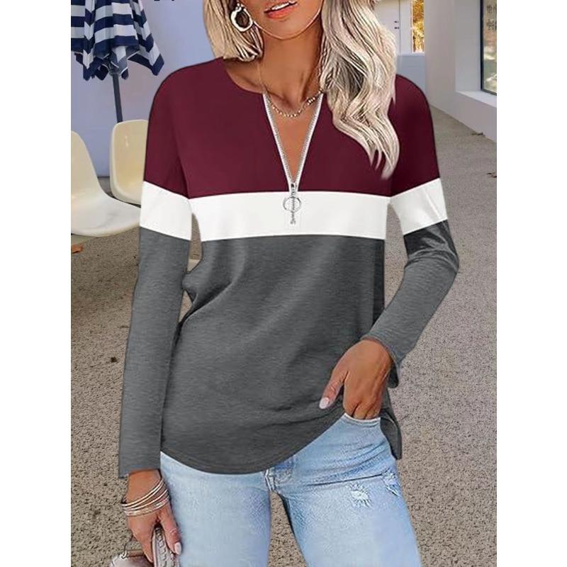 

women s Color Block Striped Half Zip Round Neck Long Sleeve Loose Casual Tunic Top T‑Shirt 2XL бордовий
