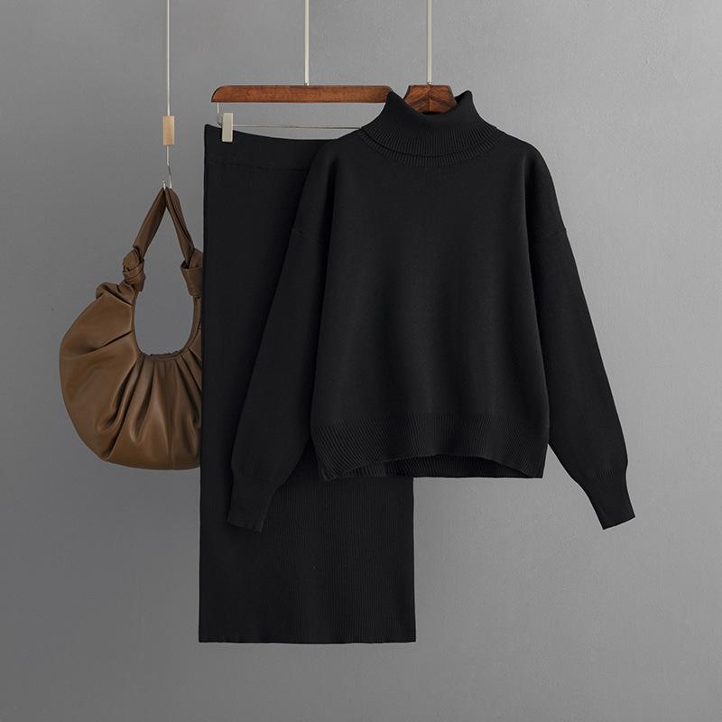 Knitted suit women's new autumn and winter new solid color turtleneck sweater half-body hip skirt two-piece set