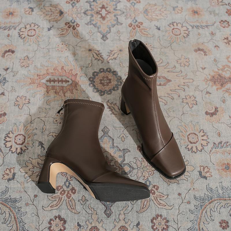 832-2 square head thick heel single boots rear zipper Martin boots 2025 autumn and winter new high heel versatile short boots bare boots