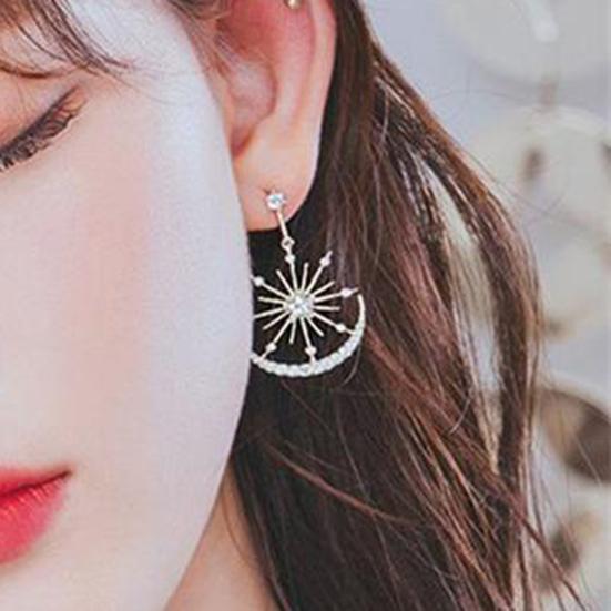 1 Pair Dangle Earrings Moon Star Rhinestone Jewelry Lightweight Korean Style Stud Earrings for Daily Wear