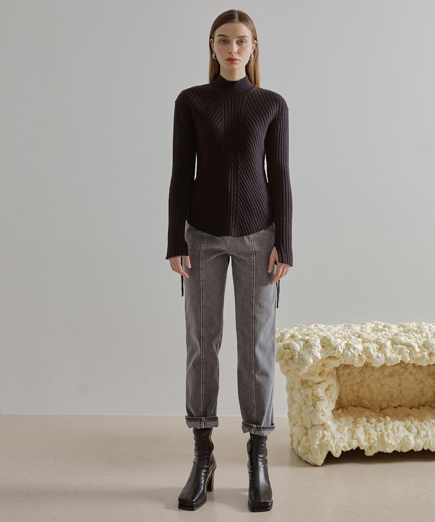 ETMON Slit Sleeve Side Strap Knit Top Black