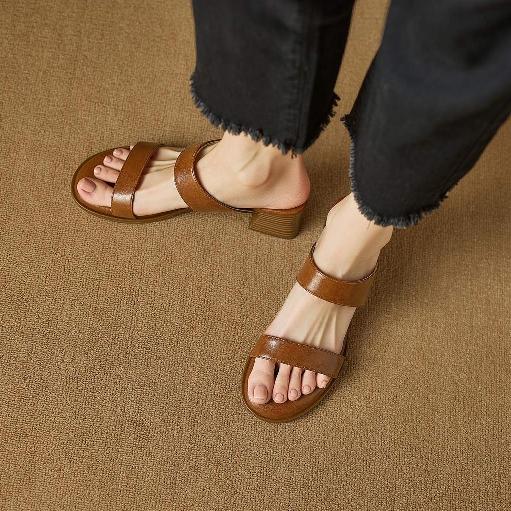 Krazing Pot Mules Cow Skin Thick Heels Peep Toe Street Wear Summer Size 42 Concise Style Elegant Women Sandals