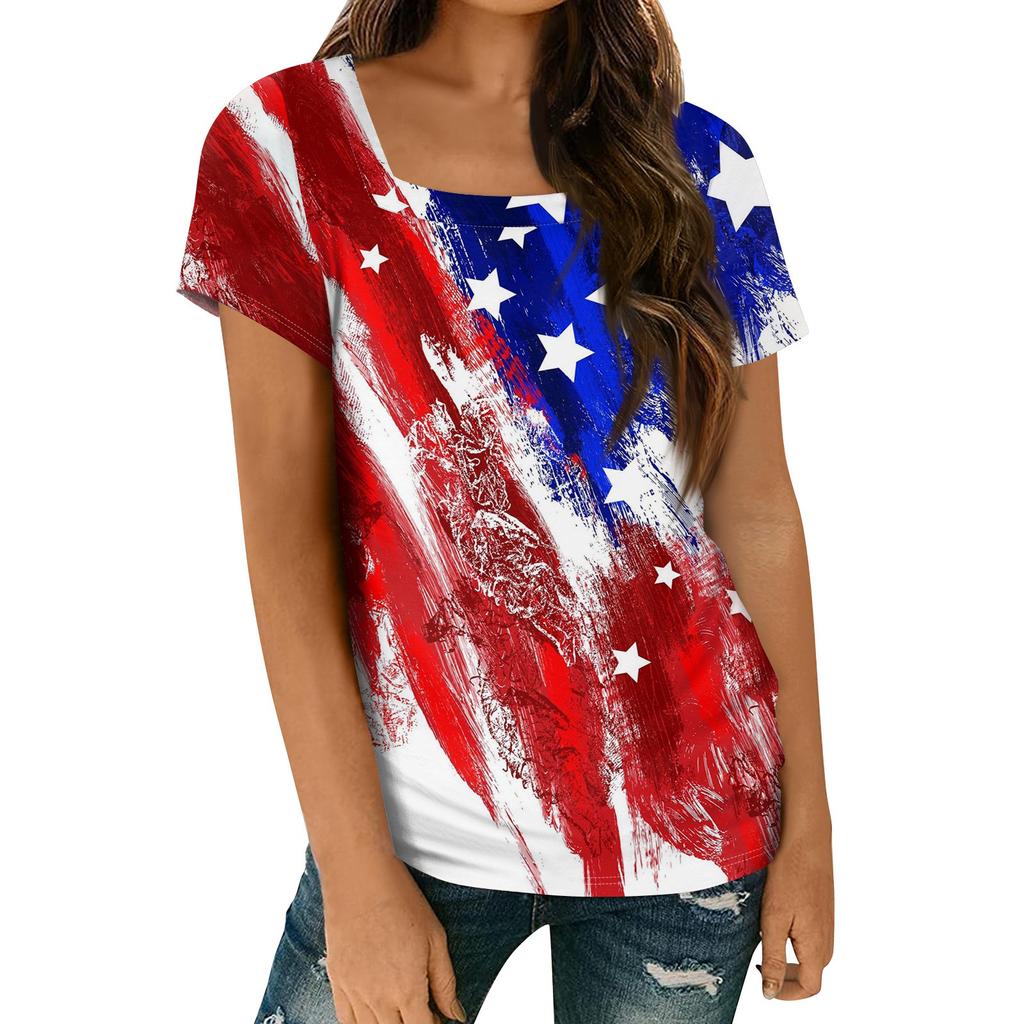 Women's Tops Spring Summer Casual T Shirt Short Sleeve Square Neck Basic Printed T Shirt
