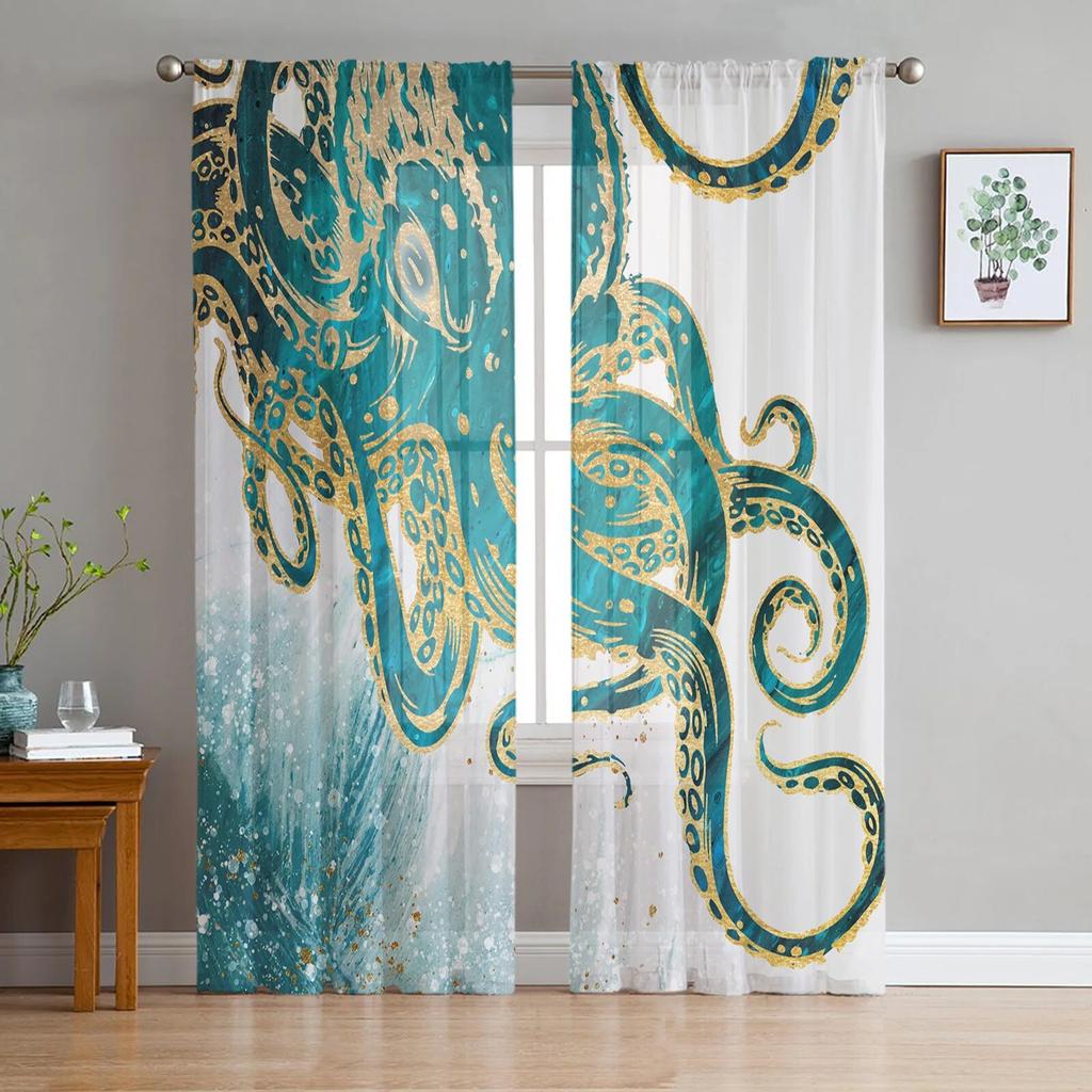 Sea Octopus Retro Cthulhu Sheer Curtains for Living Room Modern Voile Curtain Bedroom Tulle Curtains Window Drapes Decor
