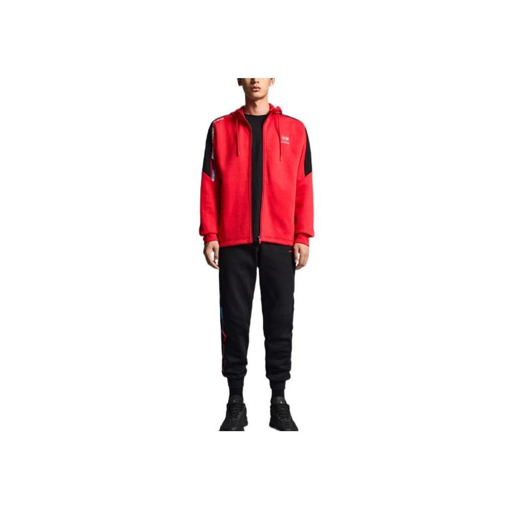 Anta Logo Patch Drawstring Hooded Long Sleeve Sweatshirt Men Tops Red 952237718-2