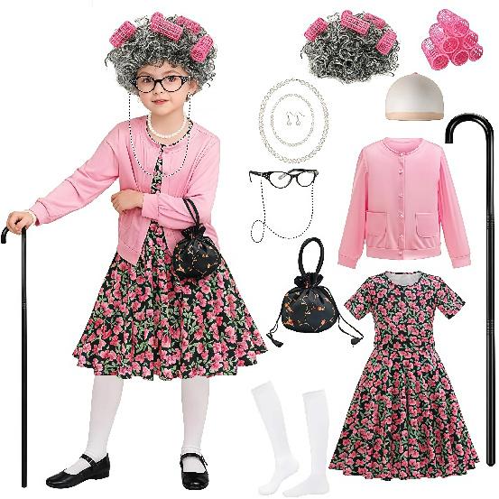 Baby Girl Celebrating 100th School Days Funny Cosplay Costumes Dress Granny Girl Cosplay Floral Old Lady Dress Up With Cane