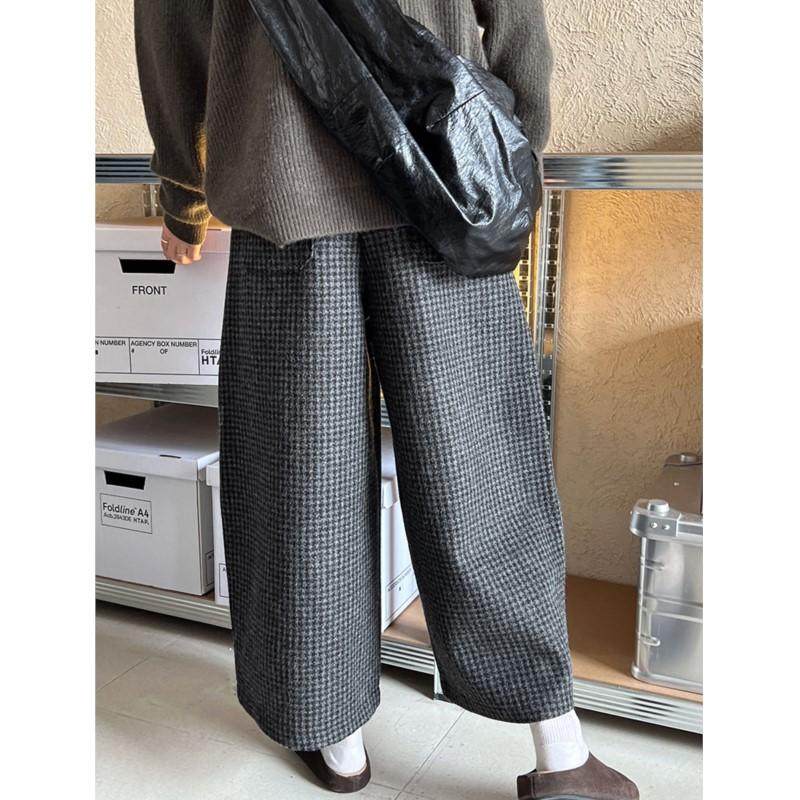 Johnature Wide-Leg Pants Women Vintage Plaid Cropped Pants Thick Casual Suit Pants For Winter
