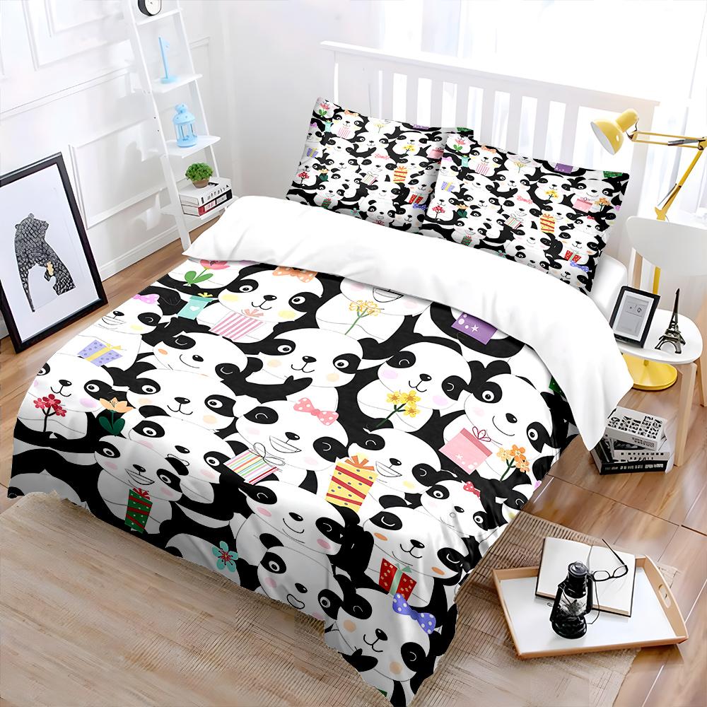 Cartoon pandas with gifts and flowers Print Bedding Set 1 Duvet Cover 2 Pillowcases for Adult and Children Luxury Gift Full Size