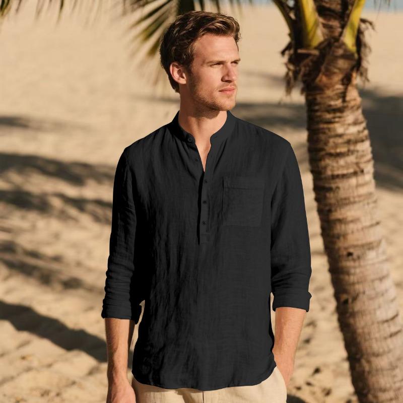 Men Stand Collar Linen Cotton Long Sleeve Half Button Casual Henley Shirt With Chest Pocket S