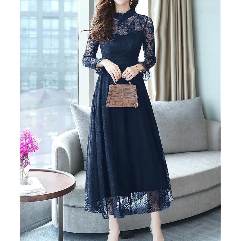 [Sueeya] (Sueeya) Women's Lace Long Frill Dress, Long Sleeves, Flare, All-over Print, Cute, High Waist, Slimming Effect, Stylish, Sheer, Beautiful,