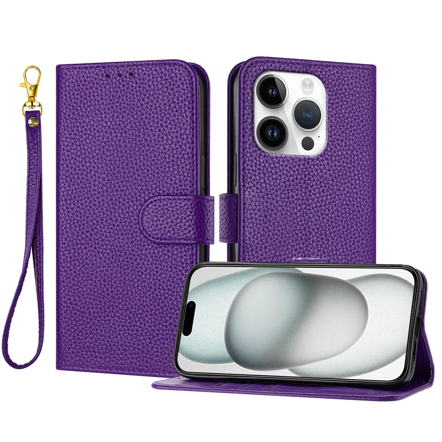 

For iPhone 16 Pro Leather Case Litchi Texture Wallet Stand Anti Drop Phone Cover with Wrist Strap Purple