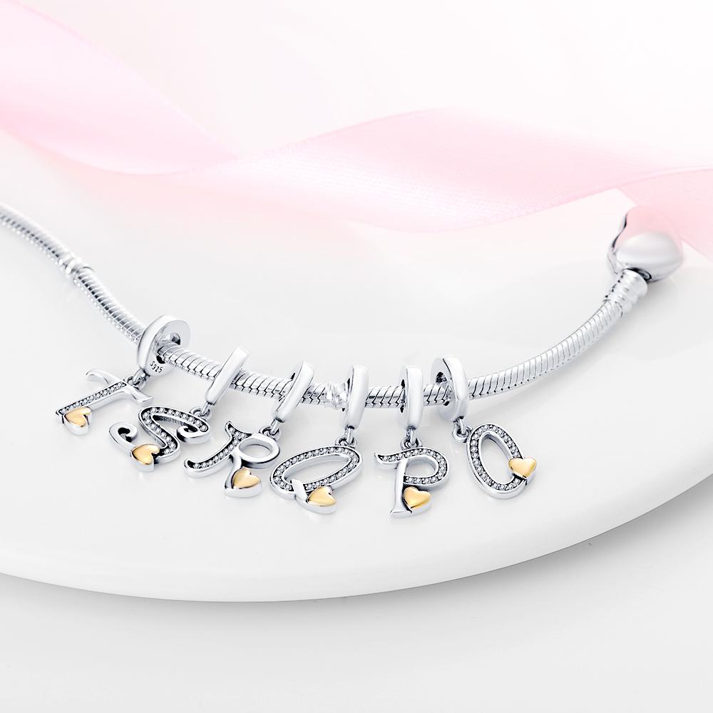 Classic Copper 26 Gold Color Heart Zircon Letter A-Z Charms Beads Fit Original Bracelets Diy Birthday Jewelry Gift