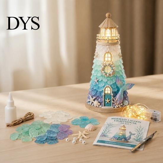 Coastal Inspired Ornaments Sea Glass Lighthouse DIY Kit, 3D Light Up Fragment Art Supplies Craft Lighted Ornament for Adults, Home Table Decoration